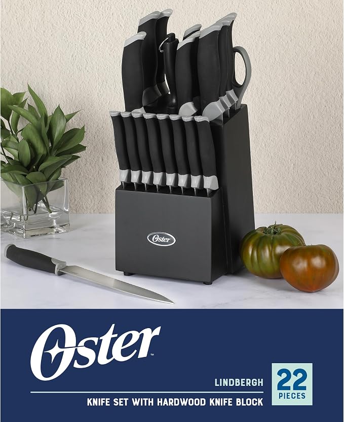 Oster Lindbergh 22 Piece High Carbon Stainless Steel Cutlery Kitchen Knife Block Set w/Black Knife Block - Black Handle - Cuchillos Para Cocina - Image 2