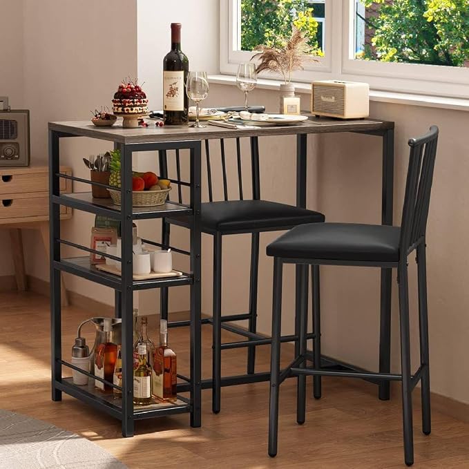 Gizoon 3-Piece Bar Dining Table Set for 2, Kitchen Table w/Shelves Grey | Space-saving grey bar height table set with 3 storage shelves. Includes 2 high-density PU cushion chairs that tuck away. by Gizoon