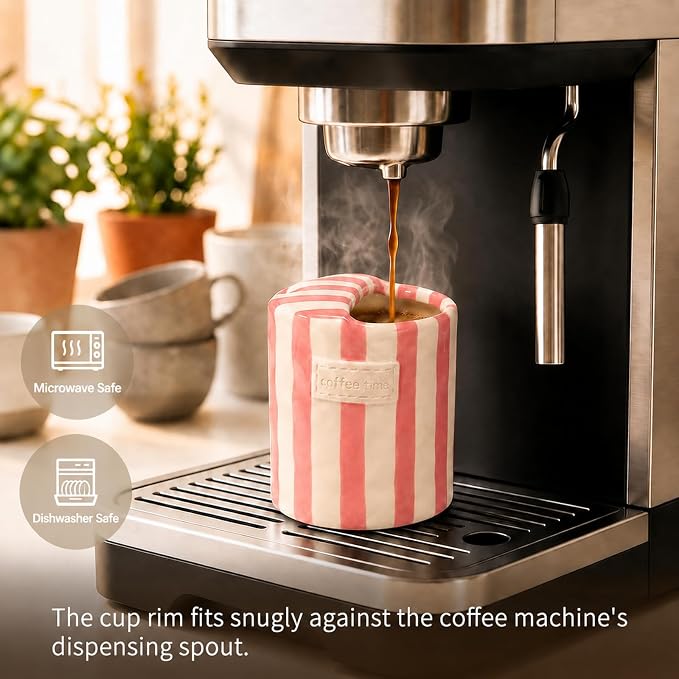 Ceramic Coffee Mug with Sip Hole, 12oz Striped Ceramic To Go Coffee Cup, Cute Aesthetic Mug for Espresso Latte Cappuccino, Handmade Glazed Cup for Home Office Gift Use, Pink - Image 3