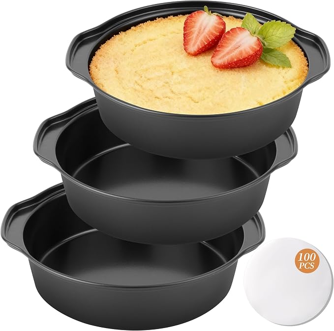 BEWOS 6 Inch Cake Pan Set - 3 Pcs Carbon Steel Round Cake Pans with 100 Pcs Parchment Paper, Round Cake Pans, Nonstick Baking Pans Set with Handle, Dishwasher Safe by BEWOS