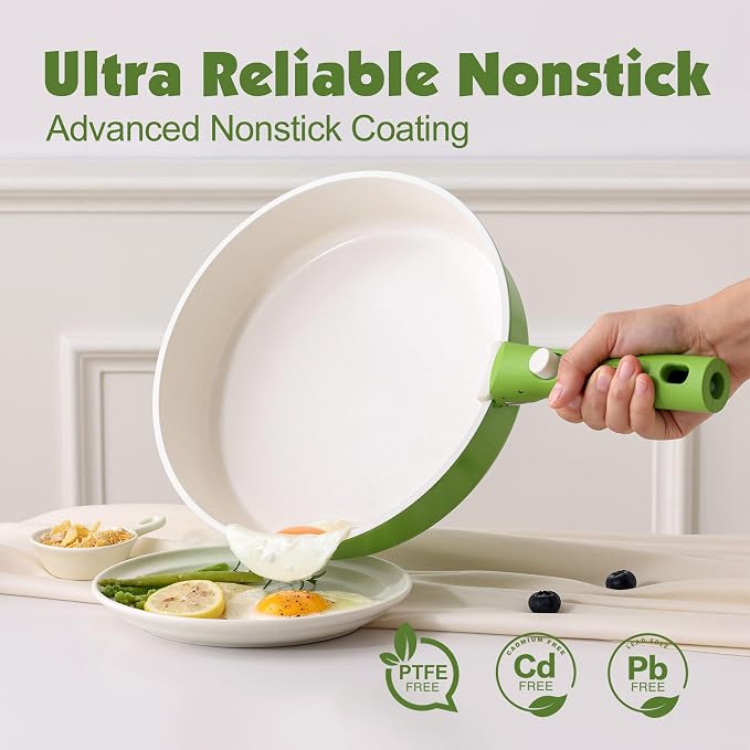 SENSARTE 17 Piece Ceramic Detachable Handle Pots and Pans Set Green | Ceramic Cookware Set, Induction Cookware Set with Removable Handle, Healthy Non Stick for RV, Dishwasher ＆ Oven Safe - Image 4