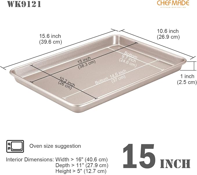 CHEFMADE 15-Inch Baking Sheet Pan, Non-Stick Carbon Steel Rimmed Cookie Sheet Pan for Oven Roasting Meat Bread Jelly Roll Battenberg Pizzas Pastries 10.6" x 15.6" x 1" (Champagne Gold) - Image 2