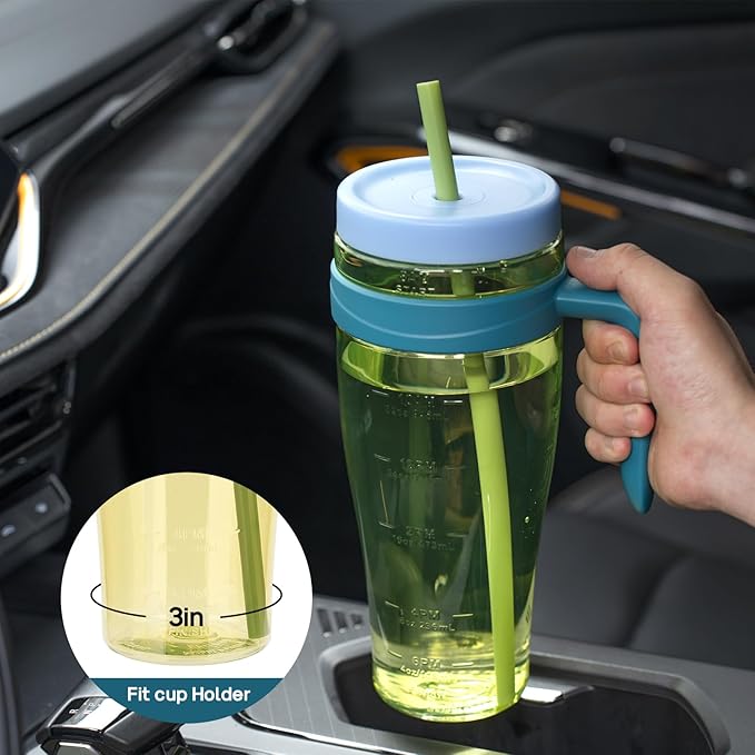 Hydraful 50 oz Tritan Plastic Tumbler with Lid and Straw and Handle - 100% Leak-Proof - Perfect for Iced Coffee, Smoothies, and Juice - Wide Mouth Reusable Water Bottle with Time Marker