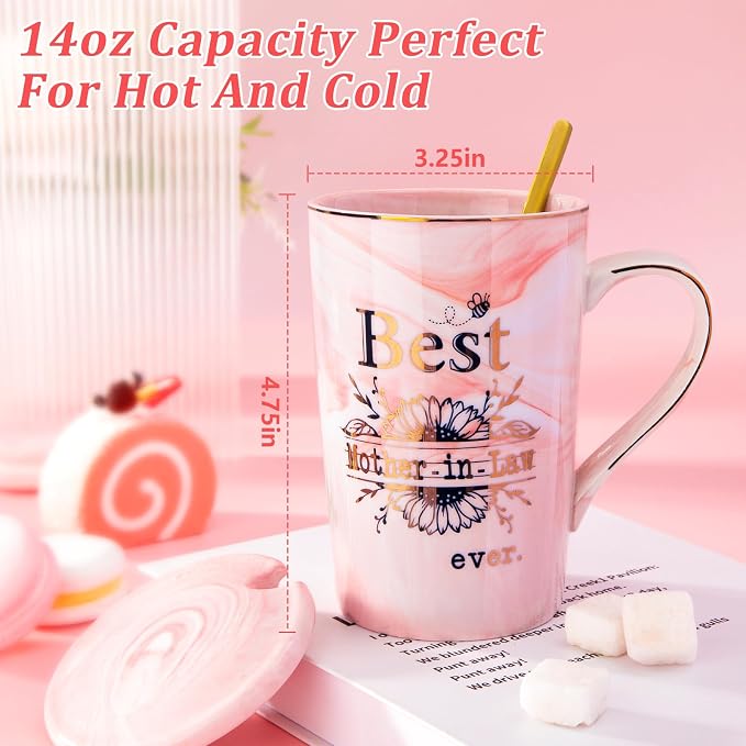 Mother in Law Birthday Gifts, Best Mother In Law Ever, 14oz Pink Marble Mug | Mom Mug with Gold Print, Mom Gifts from Daughter-In-Law or Son-In-Law, Wedding Valentine Coffee Cup Present, Nice Gift Boxed - Image 2
