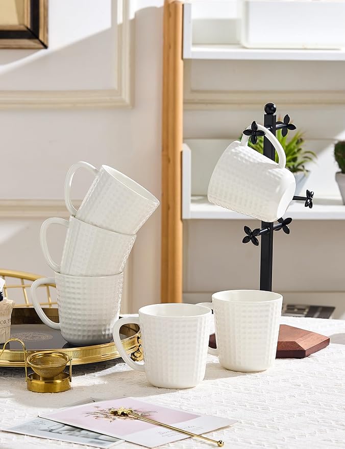 15 oz Ceramic Coffee Mugs Set of 6, White Waffle Embossed Coffee Cups | Coffee Cups with Large Handle, Coffee Mugs for Latte, Cappuccino & Hot Cocoa, Dishwasher & Microwave Safe, Housewarming Gift - Image 8