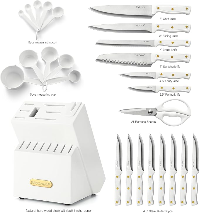 McCook Knife Set White Kitchen Knife Block Set w Built-in Sharpener | German Forged Stainless Steel,26 PC,Razor Sharp,Anti-Rust,Restaurant Grade,Ergonomic Handles,Full Tang,Gift Box - Image 3