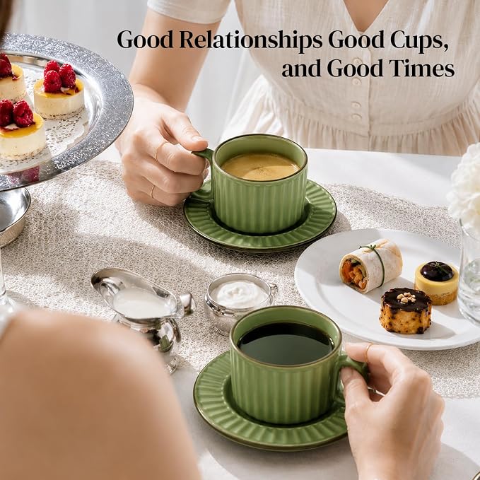 DOWAN Cappuccino Cup Set of 4, 8 OZ Ceramic Coffee Cups with Saucers, Coffee Mugs, Ribbed Espresso & Latte Cups Set, Elegant Stoneware for Home & Café Use - Image 7