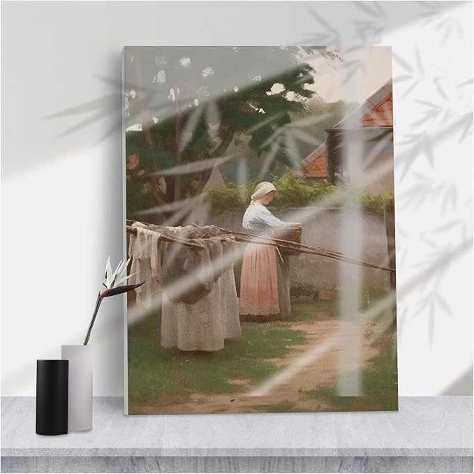 Vintage Laundry Day Canvas Print,Soft Impressionist Woman Hanging Clothes Cottage Garden for Warm Nostalgic Home Decor,8''x12'' Framed Modern Canvas Wall Art by Unknown