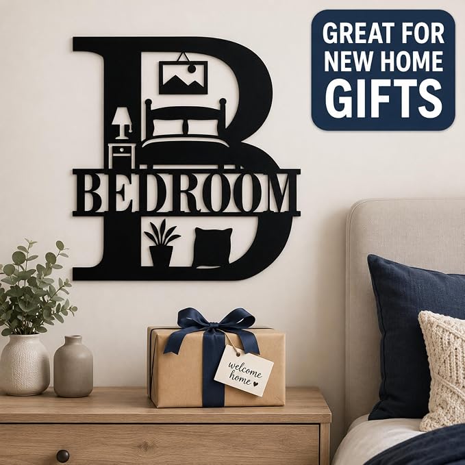 Bedroom Metal Wall Decor, Modern Farmhouse Room Sign, 14 Inch | 14-inch matte black metal BEDROOM sign with pre-drilled holes for bedrooms, guest rooms, dorms, and modern farmhouse decor. - Image 2