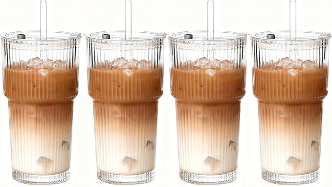20OZ Ribbed Glass Cups with Lids and Straws,Iced Coffee Cups with Lid,Vintage Glasses Tumbler Glassware for Whiskey Cocktail Beer Juice（4PCS）