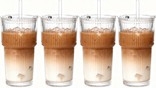 20OZ Ribbed Glass Cups with Lids and Straws,Iced Coffee Cups with Lid,Vintage Glasses Tumbler Glassware for Whiskey Cocktail Beer Juice（4PCS）