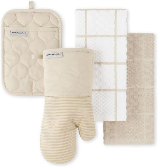 KITCHENAID Quilted Cotton Terry Cloth Oven Mitt, Pot Holder, Kitchen Towel 4-Pack Set, Heat Resistant, Silicone Grip, 16"x26", 7"x13" & 7"x10", Milkshake Tan by KitchenAid