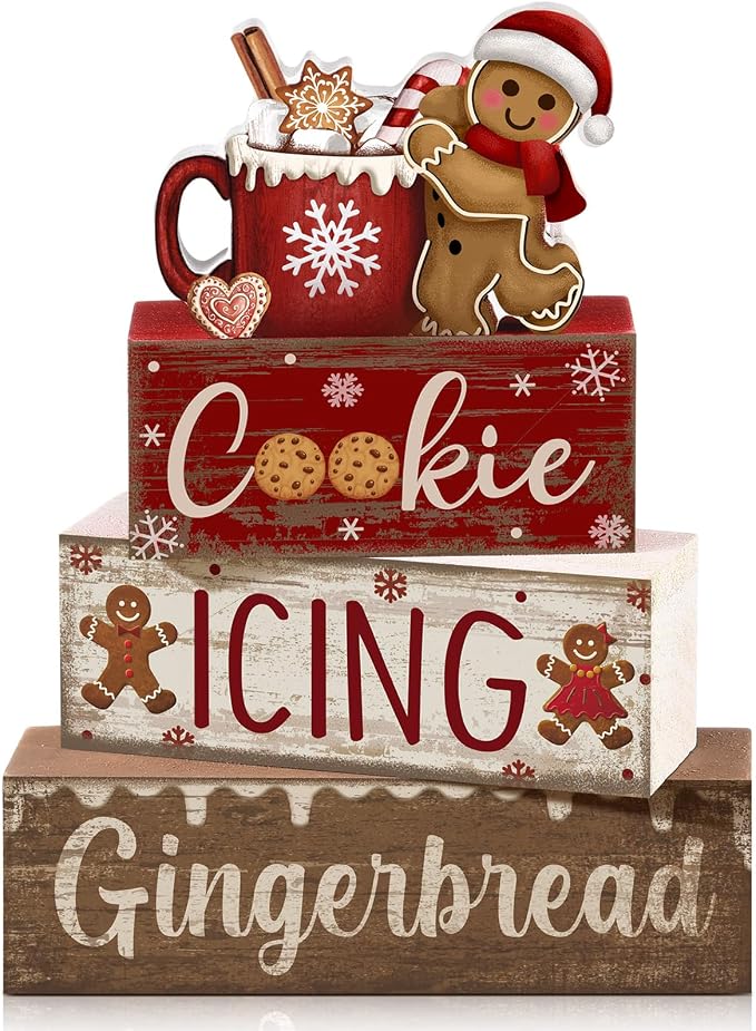 Moucuny 4 Pcs Christmas Table Decor Wooden Gingerbread Cocoa Decoration Christmas Centerpiece Winter Tiered Tray Decor Gingerbread Man Cocoa Block Signs Gift Farmhouse Xmas Decoration for Home Kitchen by Moucuny