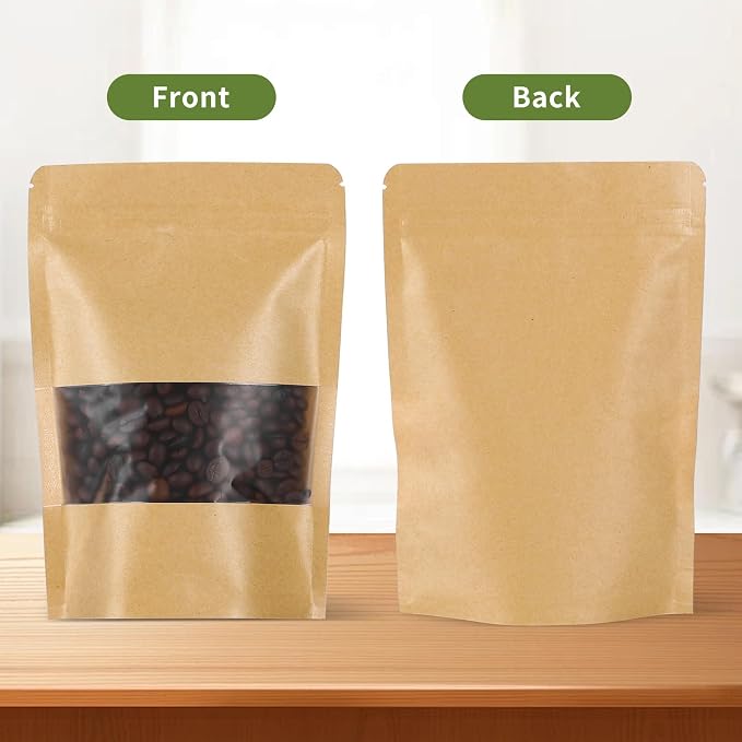 Kraft Paper Bags with Transparent Window, Stand Up Pouches Smell Proof Bags | 100 Pcs 5.5x8 Inch Resealable Bags for Small Business, Zipper. Food Storage, for Packaging Snacks Cookies Candy - Image 4