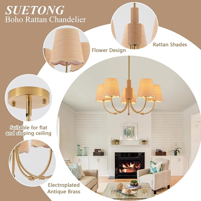 Boho Rattan Chandelier with Fabric Shade, Antique Gold Brass Farmhouse Chandeliers, 5-Lights Coastal Gold Pendant Light Fixtures for Dining Room Kitchen Island Living Room Hemp Rope - Image 4