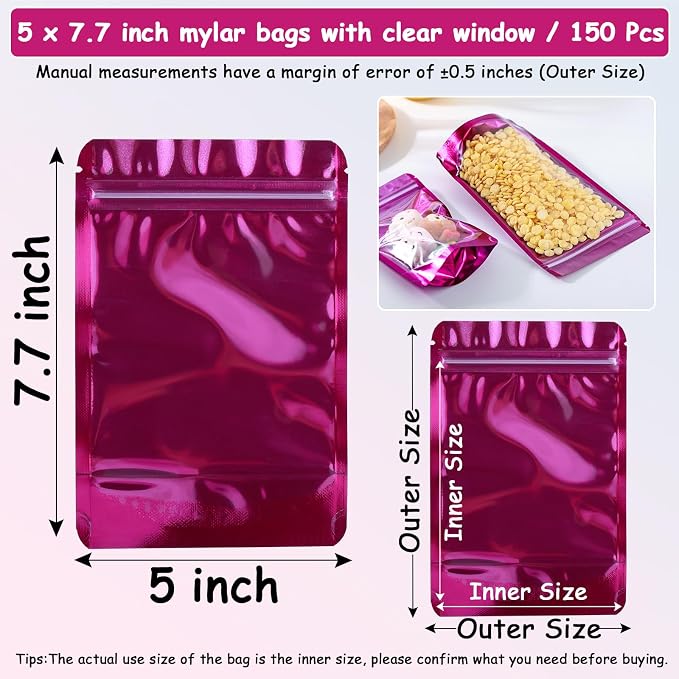 150 Pcs Mylar Bags for Food Storage, 5x8 Mylar Bag with Window Stand Up, Small Holographic Resealable Bags Smell Proof Bag Food Packaging for Small Business Freeze Dried Candy Jewelry Foil Packaging - Image 5