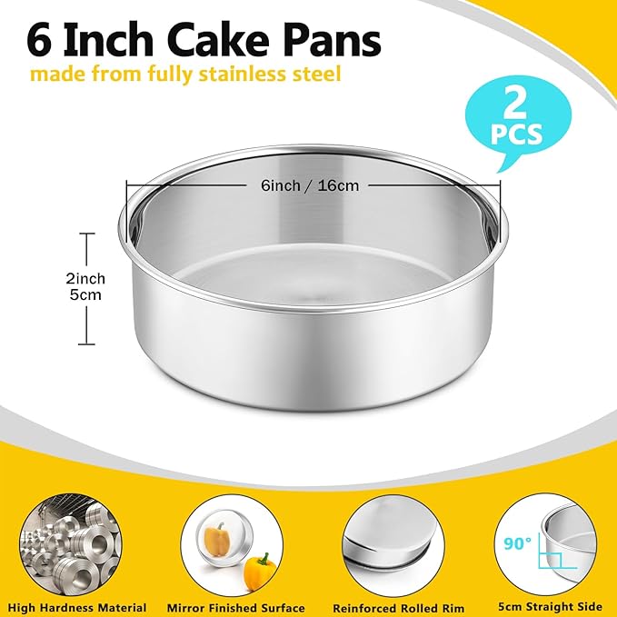 P&P CHEF 6 Inch Cake Pan Set of 2, Stainless Steel Round Baking Cake Pans | For Baking Serving, Non Toxic & Healthy, Leak-proof & Easy Clean, Mirror Finish & Easy Releasing, Oven & Dishwasher Safe - Image 2