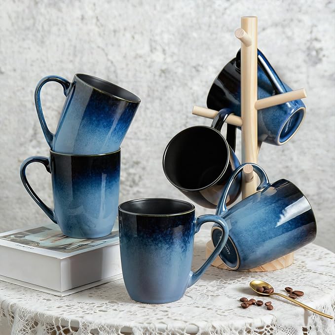 MONITO Large Ceramic Coffee Mugs Set with Handle for Tea/Latte/Cappuccino/Milk/Cocoa, Ice-Snow Blue 14oz, Set of 6, Funny Tea Cups for Office and Home - Image 8