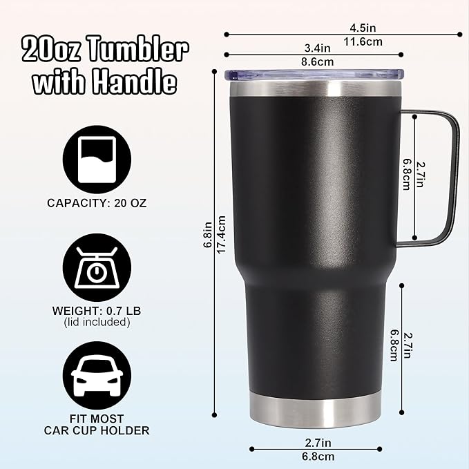 20 oz Tumbler with Handle and Lid Insulated Travel Coffee Mug Black 12P | Stainless Steel Tumbler, coffee tumbler with handle,Spill Proof Double Wall Vacuum Tumbler Cup Keep Drink Hot & Cold - Image 6
