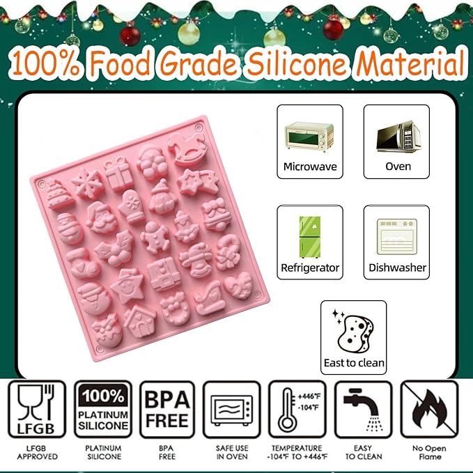 1 Pcs Christmas Silicone Molds for Chocolate Cavity Round Silicone Baking Mold with Santa Claus Snowman Snowflake Elk Shape Design for Candy Chocolate Cookie Mini Cake Jelly Dishwasher