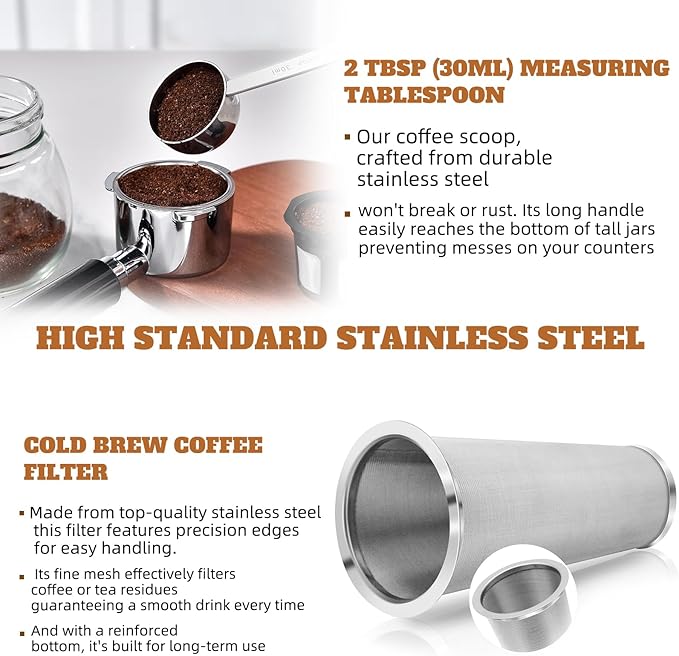 Cold Brew Coffee Maker, 32 oz Wide Mouth Mason Jar Pitcher with Stainless Steel Filter, Pour Spout Handle Lid, Heavy Duty Glass Airtight & Leak-Proof Pitcher for iced coffee & Tea Lemonade