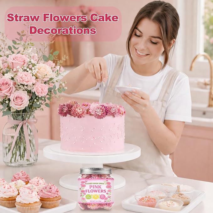 50+ Edible Dried Flowers for Cake Decorations - Food Grade Dried Pink Strawflower Blooms for Cocktail Garnish & Cupcakes, Drink Toppers, DIY Crafts - Image 5
