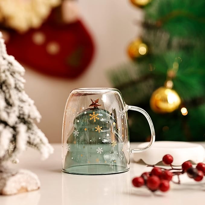 Christmas Tree Mugs with Lid - Double Wall Insulated Glasses - Espresso Cup & Cute Mugs for Women, Men & Kids