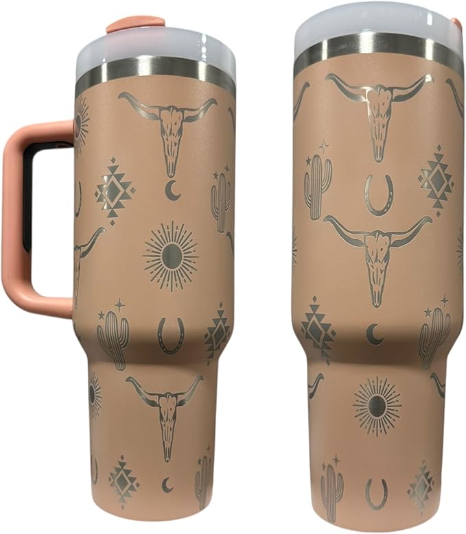 Western Engraved 40oz Tumbler, Tumbler with handle, Cowgirl Tumbler, Country Mug with Handle (Peach/Blush- Longhorn)