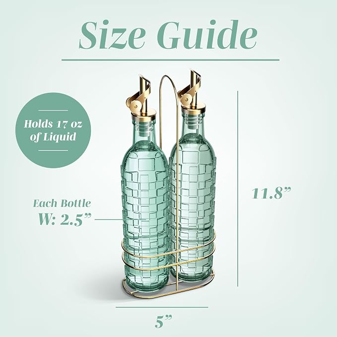 COOK WITH COLOR Glass Olive Oil Bottle Dispenser - 2 Pack- 17oz Oil and Vinegar Cruet - Olive Oil Carafe Decanter for Kitchen, Checkered, Green - Image 5