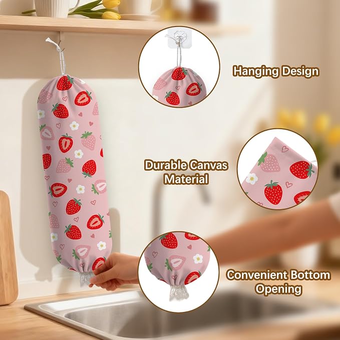 Strawberry Plastic Bag Holder Dispenser, Plastic Grocery Bag Organizer & Wall Mount Paper Trash Bags Saver Storage for Kitchen Home Pantry Decor, Kitchen Decor Shopping Bags Storage Dispenser - Image 3