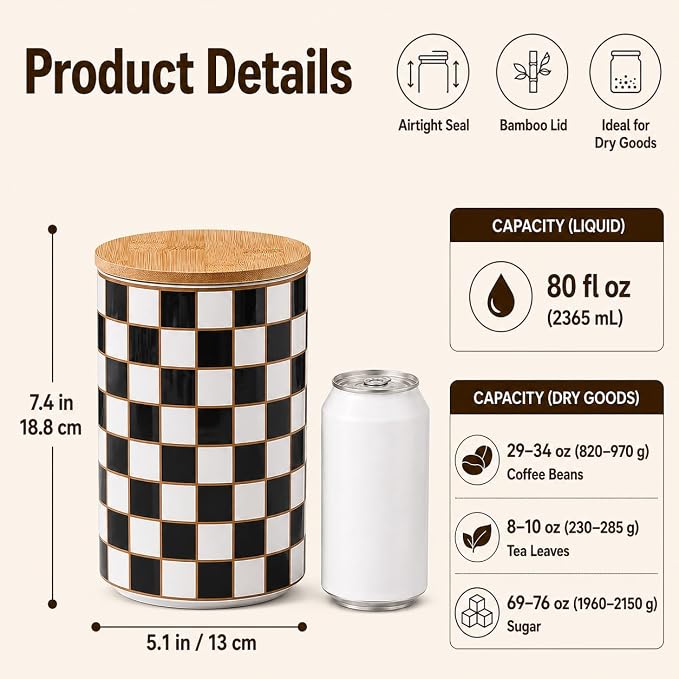 Kitchen Countertop Ceramic Checkered Canisters,Black And White Food Storage Containers With Lid,Airtight Kitchen Canisters for Flour, Sugar, Coffee, Tea, and Dry Goods (Black, XL) - Image 2