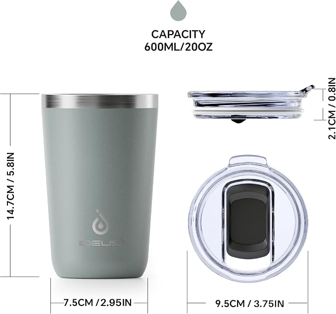 Ideus 20 oz Tumbler, Travel Coffee Mug with Splash Proof Sliding Lid, Double Wall Stainless Steel Vacuum Insulated Coffee Mug for Home and Office, Keep Beverages Hot or Cold, Gray - Image 6