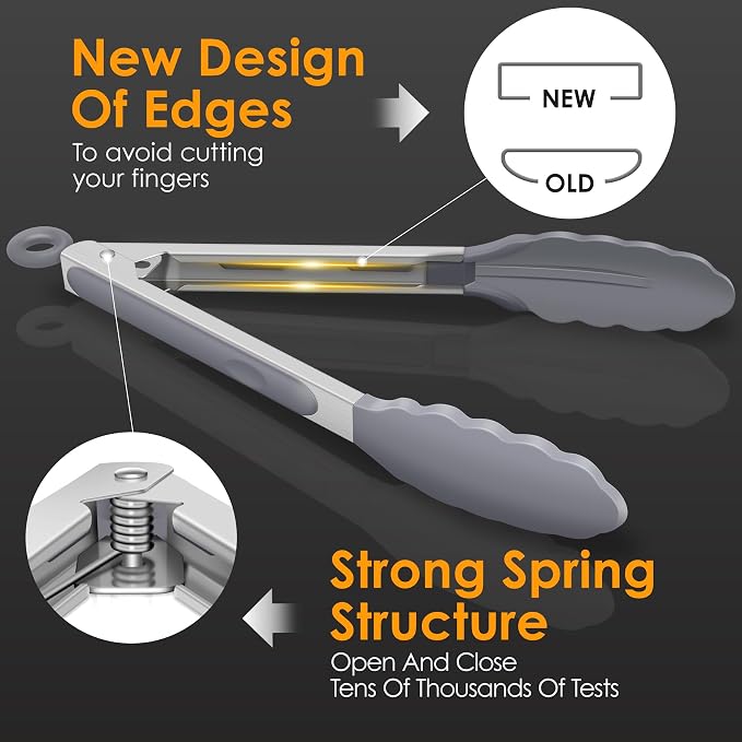 HOTEC Premium Stainless Steel Locking Kitchen Tongs with Silicon Tips, Set of 2-9" and 12" Light Grey - Image 7