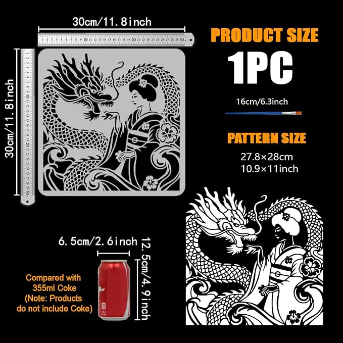 FINGERINSPIRE Japanese Geisha Painting Stencil with Brush 11.8x11.8inch Plastic PET Wave Dragon Drawing Template Decorative Hollowed Oriental Theme Stencil for Painting on Wood Canvas Fabric Clothes - Image 2
