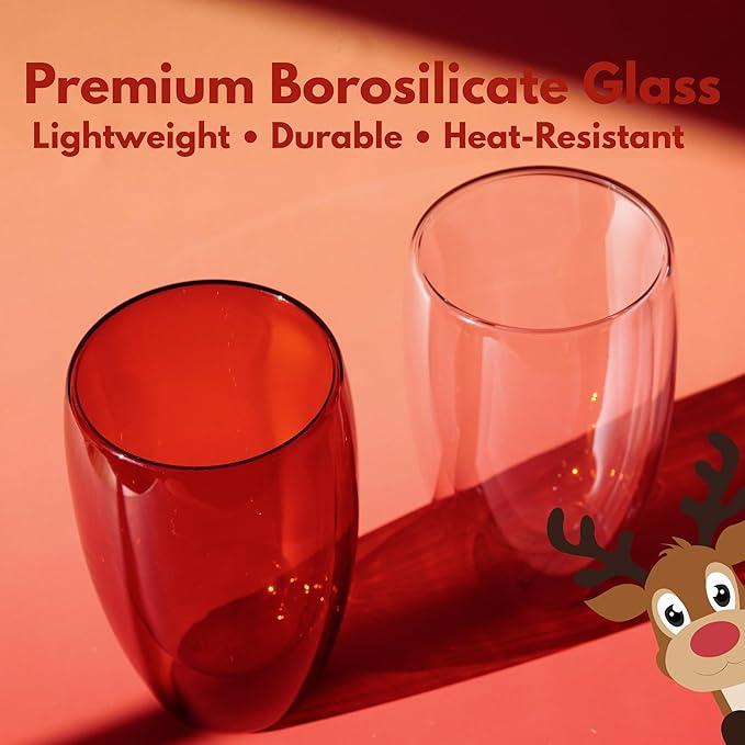 Double Wall Glass 15oz Insulated Glass Mug for Hot Beverage Coffee Tasting Christmas Drinks Home Café Cozy Nights Holiday Gifts Set in Amber Brown/Rose Pink