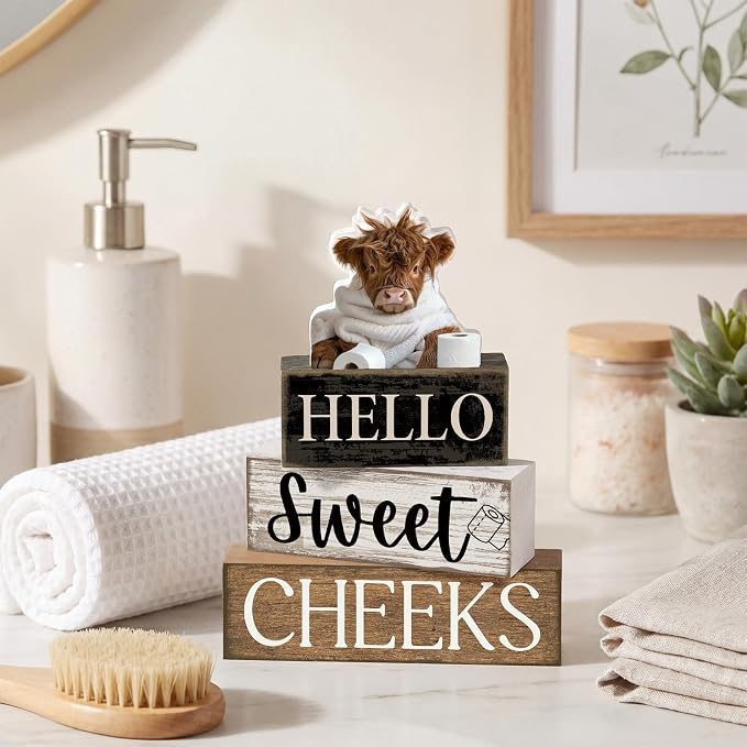 Moucuny 4 Pcs Bathroom Shelf Decor Highland Cow Farmhouse Bathroom Decor and Accessories Rustic Eucalyptus Leaves Hello Sweet Cheeks Highland Cow Sign Western Table Centerpiece for Home Office Toilet - Image 2