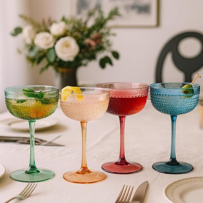 Khen Muted Hobnail Coupes Vintage Textured Pastel Style Cocktail Martini Champagne Saucer Retro Colored Glass Goblets Set of 4 10.15oz Durable Glassware Decorative Barware Classic Party Drink - Image 8
