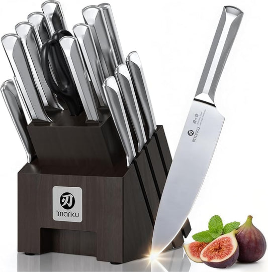 imarku 16-Pieces High Carbon Japanese Stainless Steel Knife Set with Block | Kitchen Knife Set|15°Precision Edge |56±2 HRC Hardness|Built-in Sharpener|Ergonomic Handles|Gifts Mom & Dad by imarku