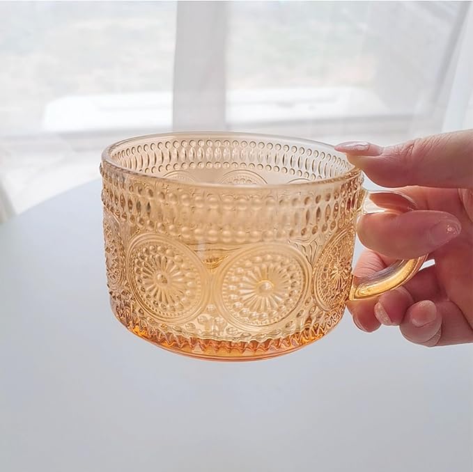 MFACOY Vintage Coffee Mugs Set of 2, 14 oz Glass Tea Cups with Handle, Amber Embossed Glass Cups for Cappuccino, Latte, Cereal, Milk, Hot or Cold Beverages - Image 5