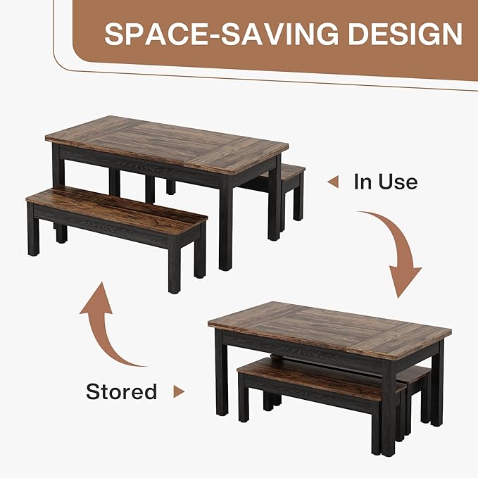 Tribesigns Farmhouse Kitchen Table Set for 4-6, 55-Inch Wooden Dining Table with 2 Benches, Space Saving 3 Pieces Heavy Duty Dinette for Dining Room, Kitchen, Small Space (Black-Brown) - Image 3