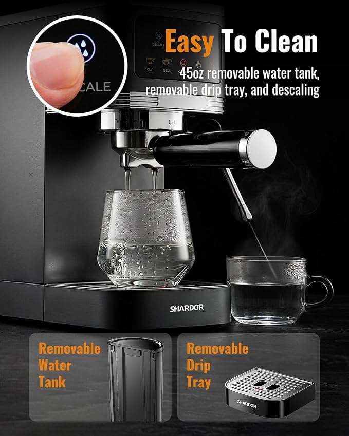 SHARDOR Espresso Machine 20 Bar, Professional Espresso Machine with Milk Frother and Touchscreen, Expresso Coffee Machines with Adjustable Temperature,for Cappuccino, Latte, Stainless Steel, Black - Image 6