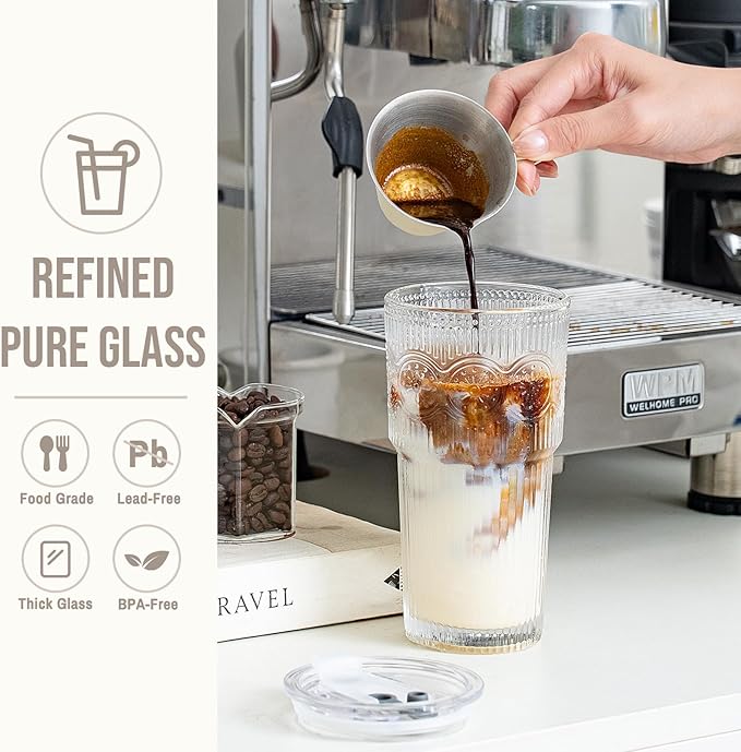 SoulTimes 20oz Ribbed & Floral Glass Tumbler with Lid and Straw – Iced Coffee Glasses Cups for Smoothie, Matcha, Juice, Water etc. Leakproof and Reusable Glassware Drinking for Travel To Go [2Pcs] - Image 4