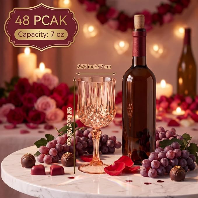Sliner 48 Pcs 7oz Plastic Vintage Wine Glasses Drinking Goblets Unbreakable Crystal Water Glassware Reusable Diamond Champagne Flutes Cups for Wedding Banquet Birthday Party Supplies (Rose Gold) - Image 4