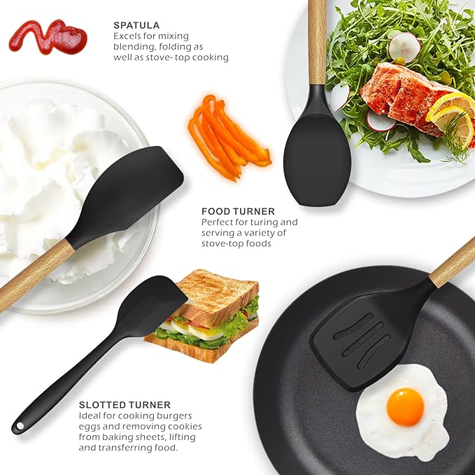 oannao Silicone Cooking Utensils Set - 446°F Heat Resistant Silicone Kitchen Utensils for Cooking,Kitchen Utensil Spatula Set w Wooden Handles, BPA FREE Gadgets for Non-Stick Cookware (Black) - Image 3