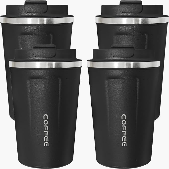 4 Pack Travel Coffee Mug 12oz Insulated Coffee Cup with Lid, Reusable Thermal Coffee Cup Stainless Steel Coffee Tumbler to Keep Hot & Cold Drinks for Car, Daily, Travel and Gifts, Black by Unknown