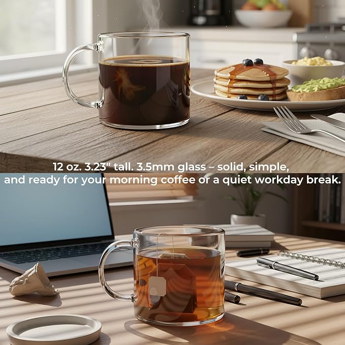 Aquach 12oz Glass Mugs Set of 4, Clear Borosilicate Cups with Handle | Dishwasher/Microwave Safe, 3.5mm Thick, Single-walled, Smooth Rim, Stable Flat Base, Fits Hot/Cold Brews - Image 3