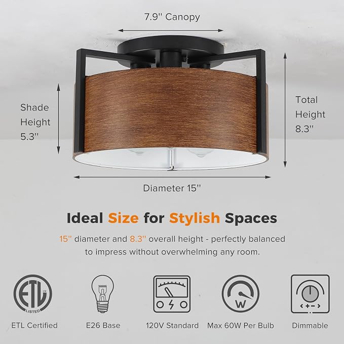 15'' Farmhouse Semi Flush Mount Ceiling Light, 3-Light Rustic Hallway Entryway Light Fixtures, Metal Wood Grain Finish Close to Ceiling Lights for Kitchen Dining Room Bedroom Living Room Foyer - Image 3