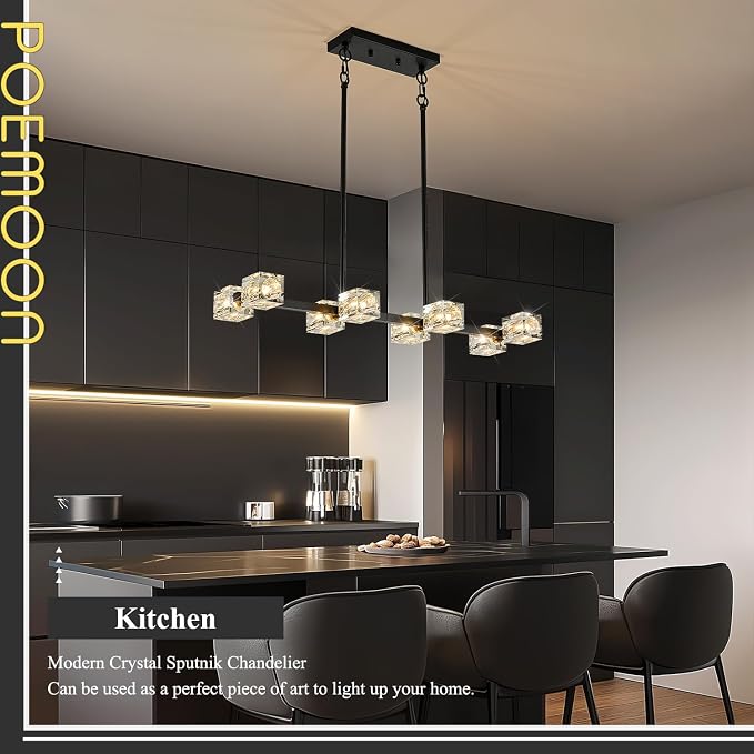 Black Gold Crystal Chandelier Modern 8-Light Sputnik Ceiling Pendant Lights L 31.5" Industrial Adjustable Hanging Light Fixture for Dining Room Kitchen Island Living Room Bar Over Table - Image 7