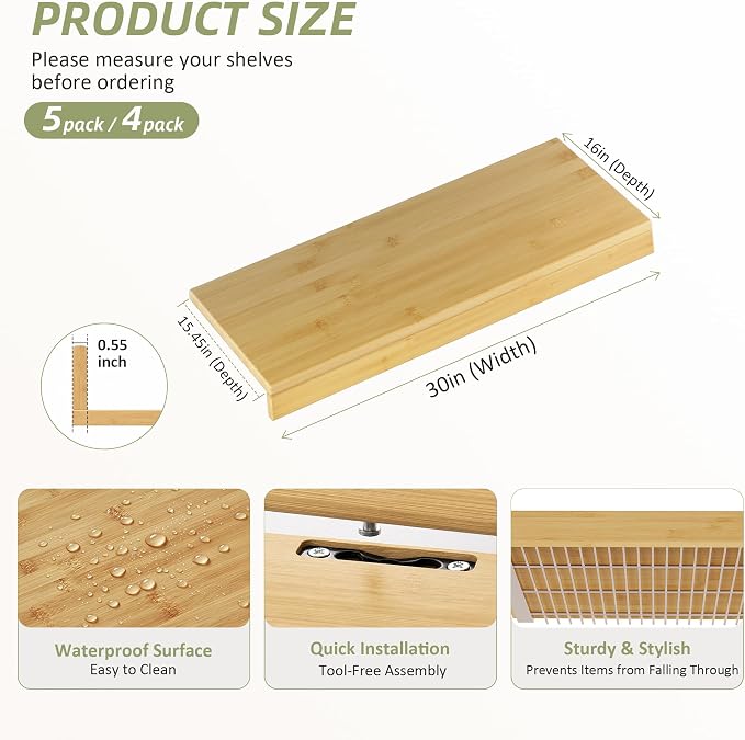 Wire Shelf Covers, Bamboo Wire Rack Covers for Pantry, Closet，Kitchen (4pcs, 30" W x 16" D, Natural) - Image 2