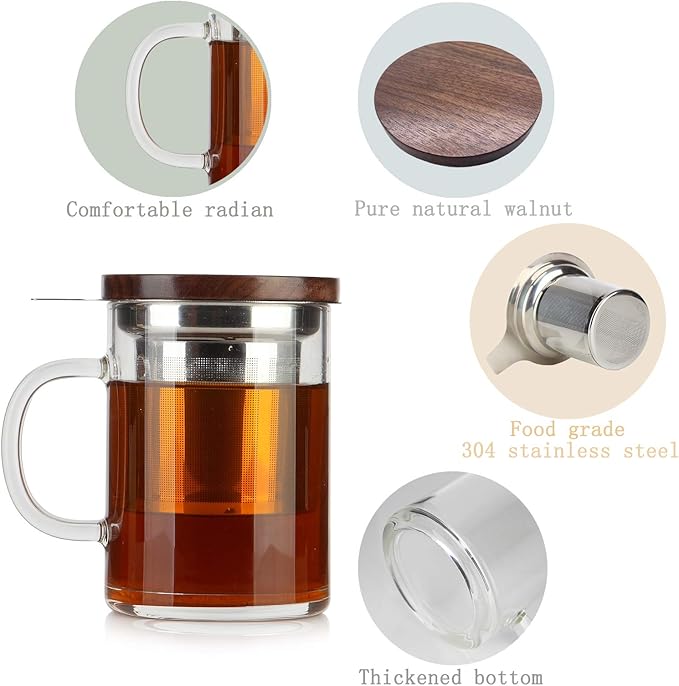 COMI Tea Cup with Infuser Walnut Lid&Handle, Glass Tea Cups with Wide Mouth Extra Large Capacity, Stainless Steel Tea Infuser Mug for Loose Leaf Tea Steeping(14oz/400ml)